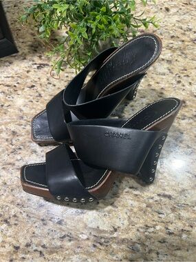 CHANEL Black Leather Studded Platform Mules 36.5